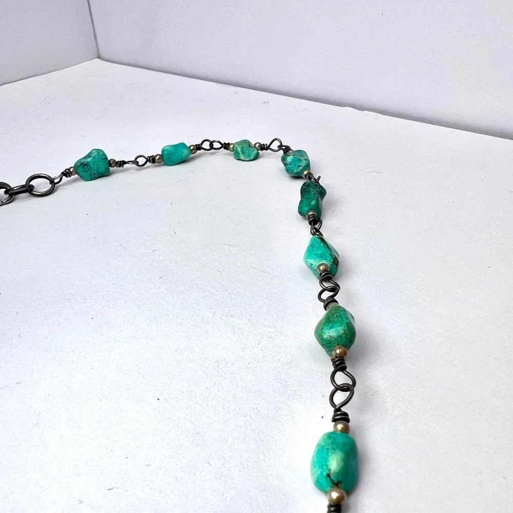 Vintage Turquoise Sterling Silver Fringe Necklace Boho Southwestern Choker Bib